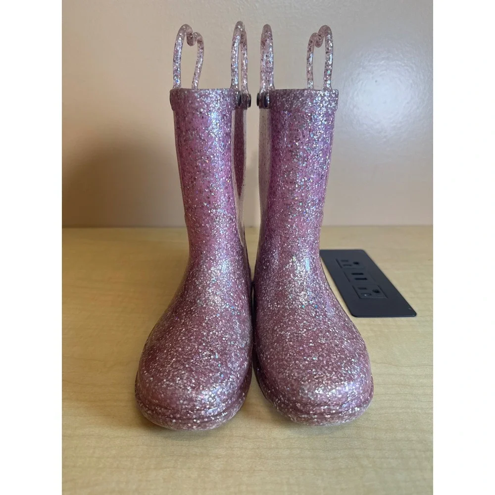 Western Chief Kids Pink Glitter Waterproof Rain Boots Heart Handles Size 10